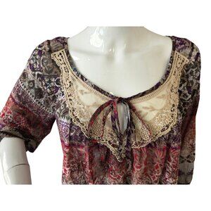 Shyanne Boho Western Peasant Blouse Sz L Lace Detail 3/4 Slv Shear Tribal Print